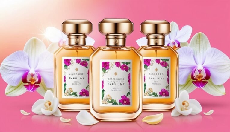 Three perfume bottles with floral labels, surrounded by orchids on a pink background