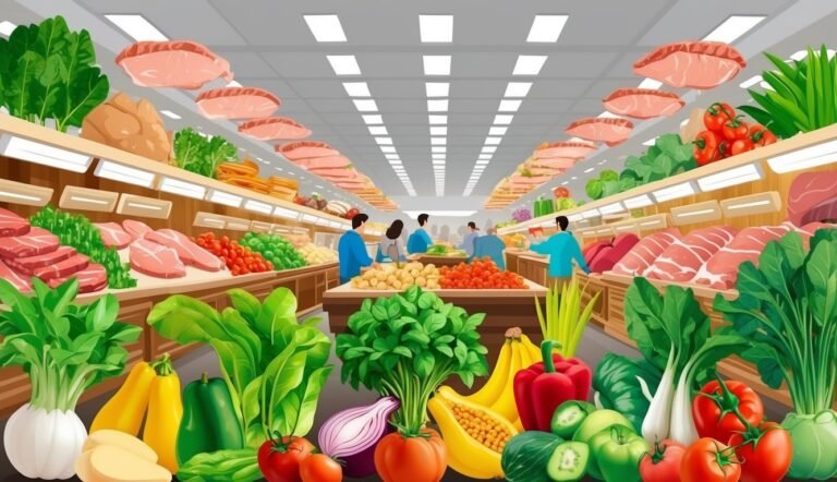 Grocery store aisle with fresh produce, meat, and shoppers