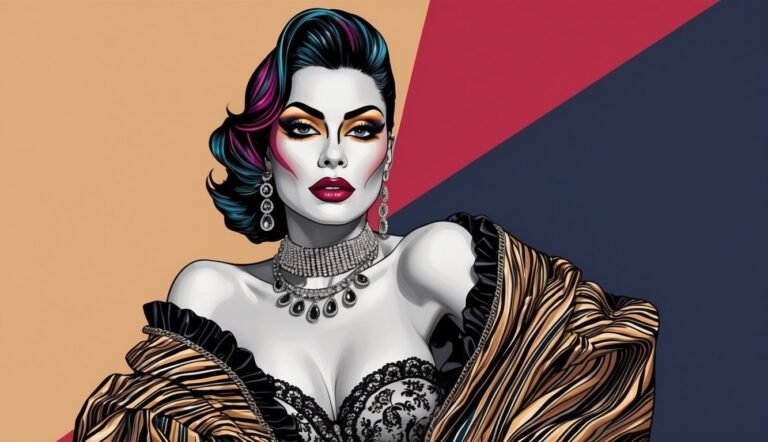 Illustration of a glamorous woman with colorful hair, jewelry, and a zebra-striped jacket