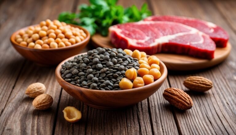 Bowls of chickpeas, lentils, and steak on a wooden table