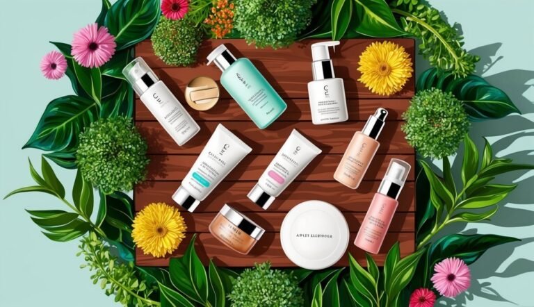 Skincare products arranged on a wooden surface with flowers and greenery