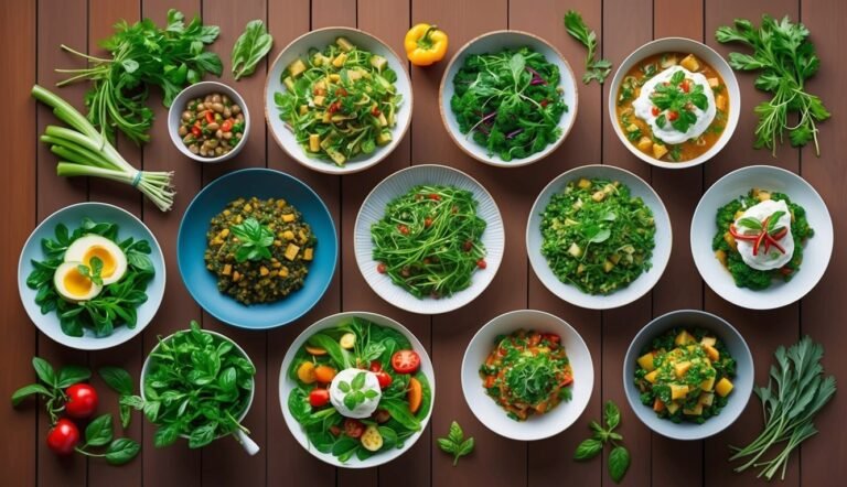 Overhead shot of various salads and dishes on a wooden table