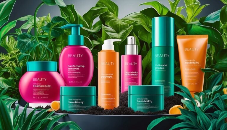 Cosmetic products in pink, orange, and teal bottles and jars, surrounded by plants