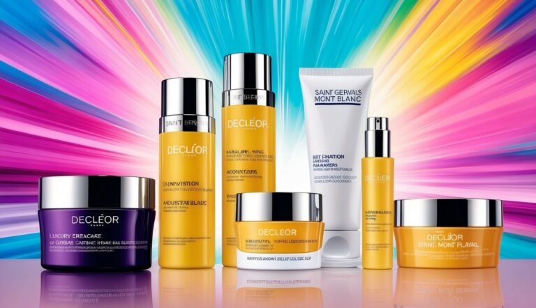 Cosmetics products from Decleor and Saint Gervais on colorful, abstract background