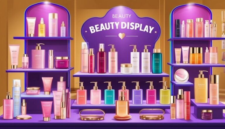 Beauty display with various cosmetic products on purple shelves
