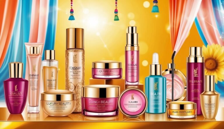 Cosmetics products arranged on a golden surface with colorful background and decorations