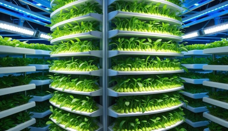 Vertical farm with plants growing on tiered shelves, under bright lights