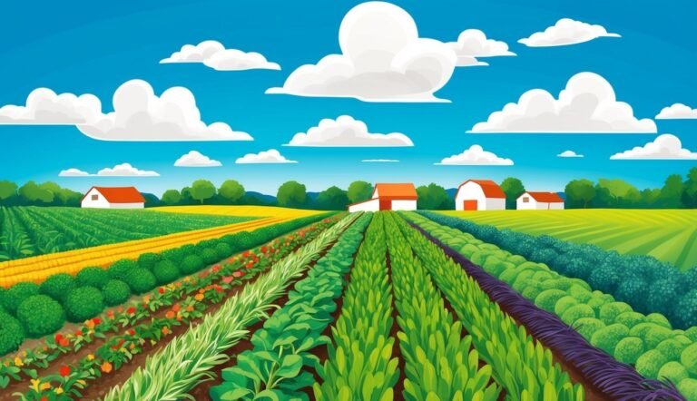 Cartoon illustration of a farm with crops, barns, and a bright blue sky