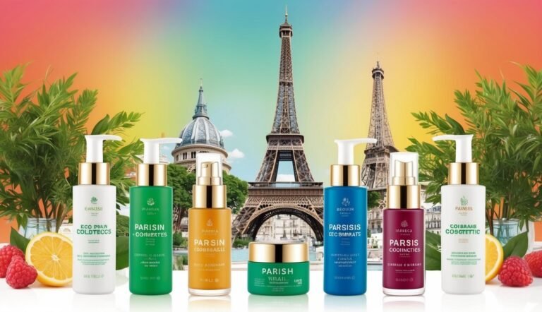 Cosmetic bottles with Eiffel Tower background, fruit, and greenery