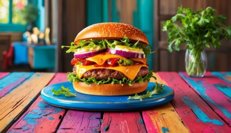 Delicious, stacked burger with cheese, onions, and lettuce on a blue plate