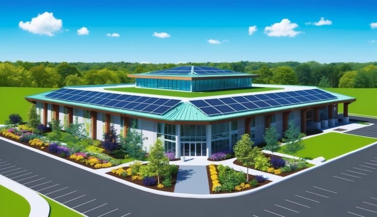 Modern building with solar panels on the roof, surrounded by landscaping