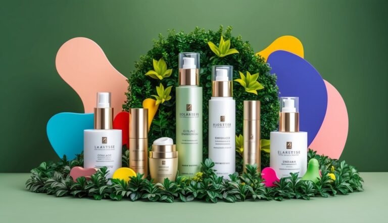Cosmetic products arranged with greenery and colorful shapes on a green background