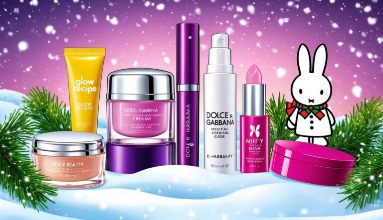 Cosmetics and Miffy the bunny on a snowy background with pine branches
