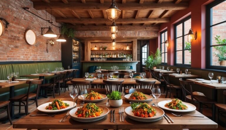 Restaurant interior with tables set for dinner, food plates, and bar in background