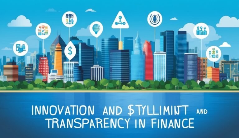 Cityscape with financial icons, water, and text: "Innovation and Transparency in Finance."