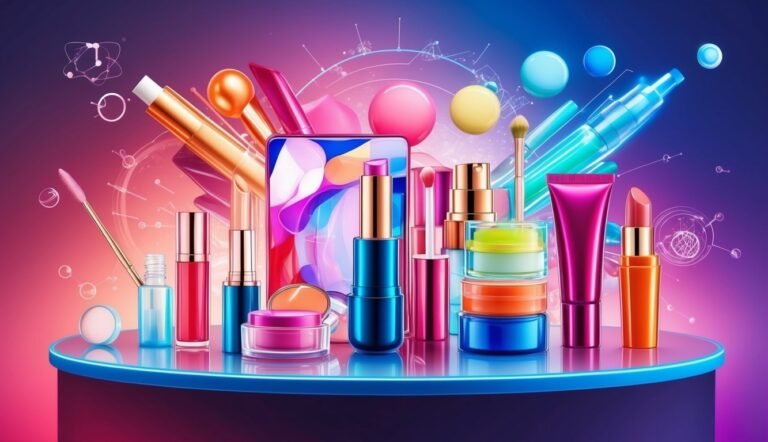 Collection of colorful makeup products on a reflective blue surface