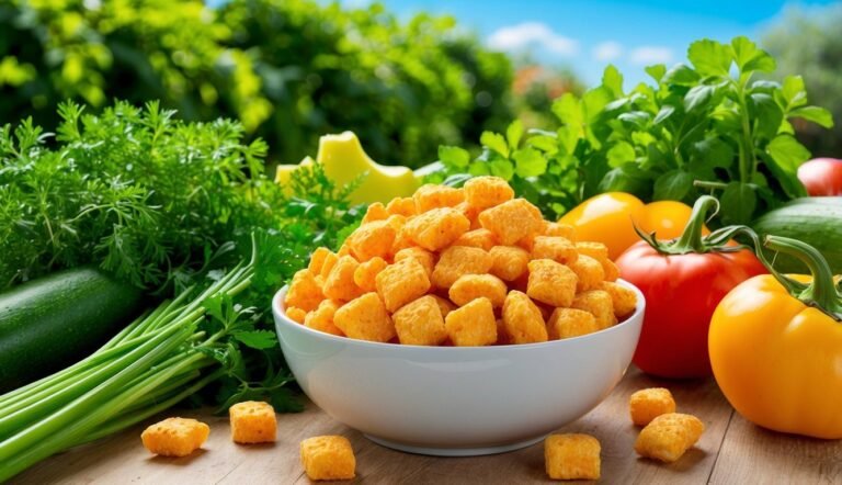 Bowl of cheese crackers surrounded by fresh vegetables