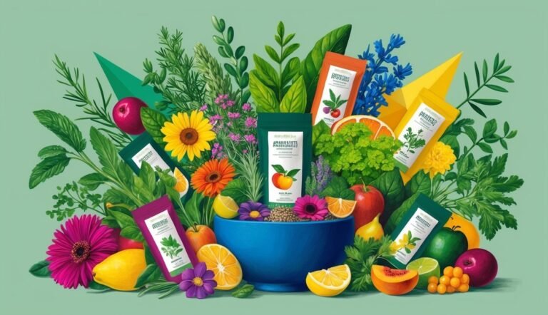 Bowl of fruits, flowers, herbs, and pouches of supplements on a green background