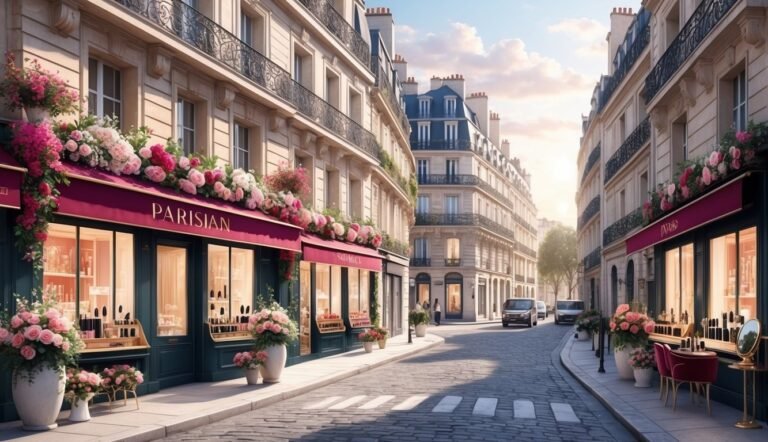 Parisian street with shops, flowers, and cobblestone road