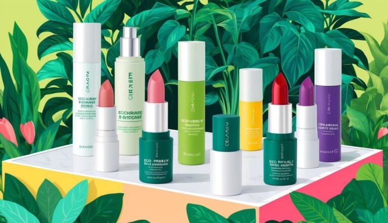 Cosmetics and skincare products arranged on a table with a tropical background