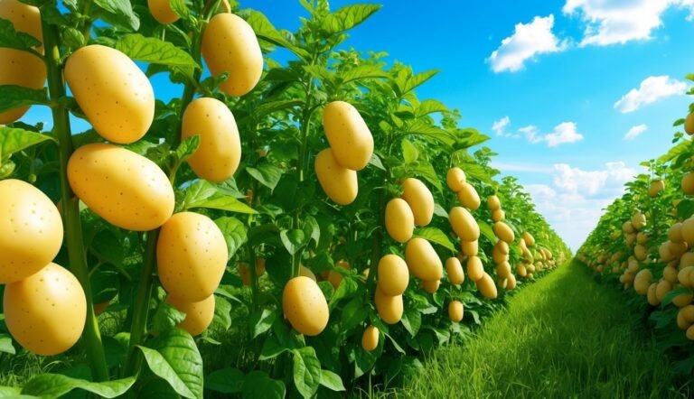Potato plants with large potatoes hanging from the green leaves, blue sky