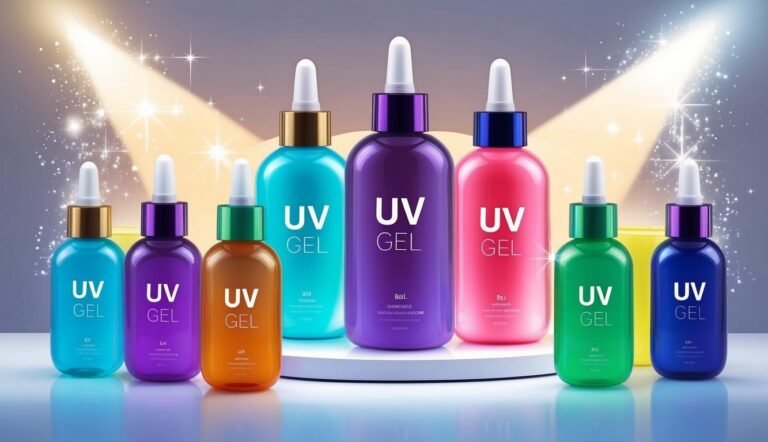 Colorful bottles of UV gel nail polish on a reflective surface