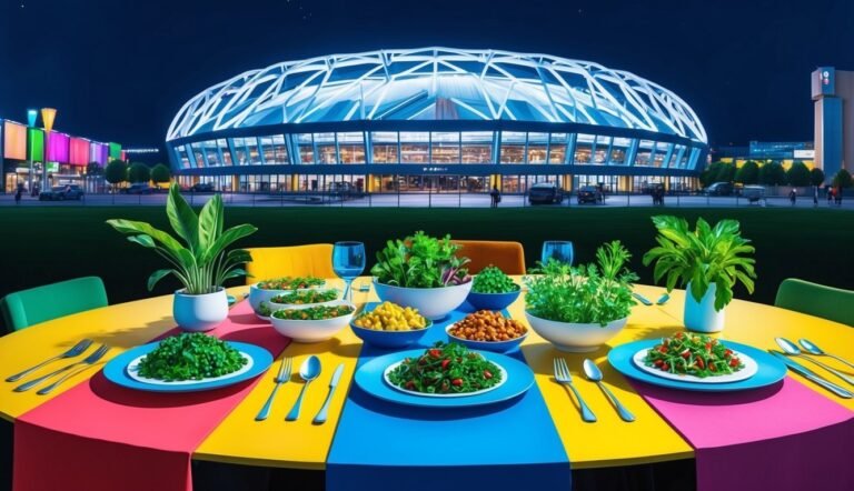 Colorful table set with salads, plants, and a stadium in the background