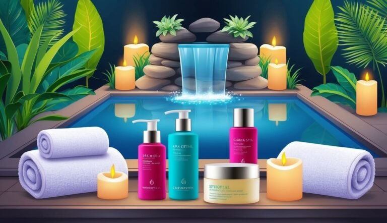 Spa scene with pool, waterfall, candles, towels, and skincare products