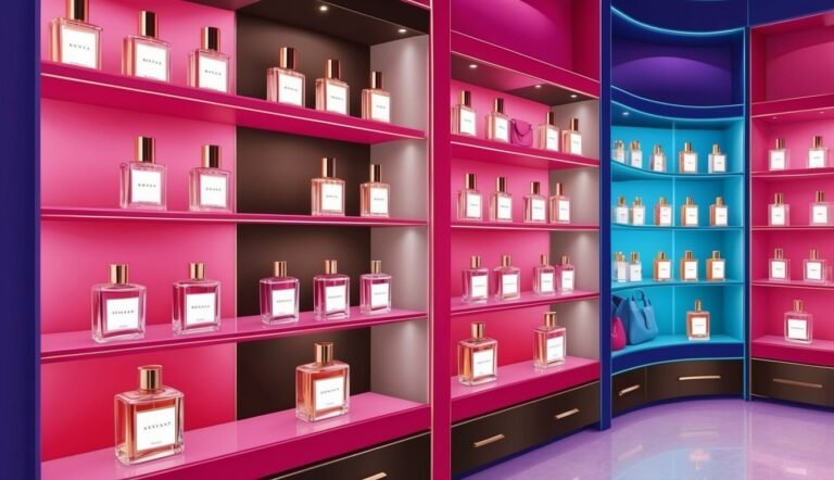 Perfume bottles displayed on pink and blue shelves in a modern store