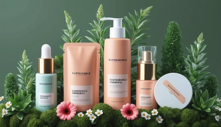 Cosmetic products arranged with plants and flowers on a green background