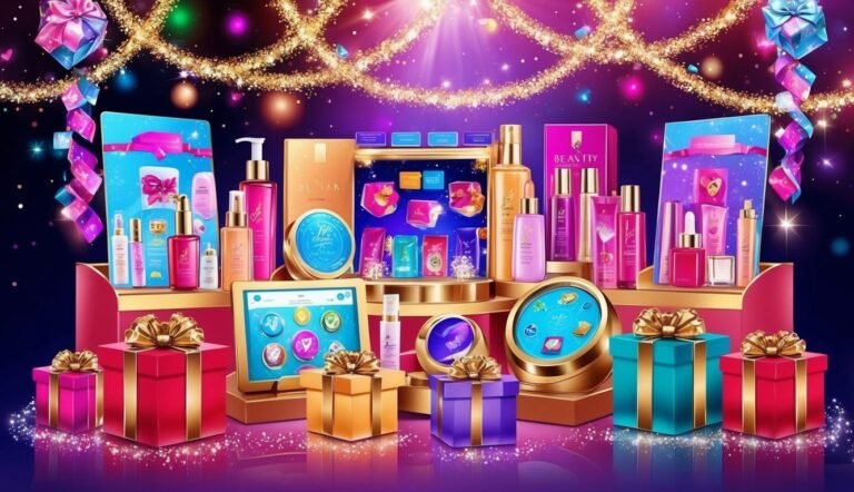 Cosmetics and gifts on display with a festive, colorful background