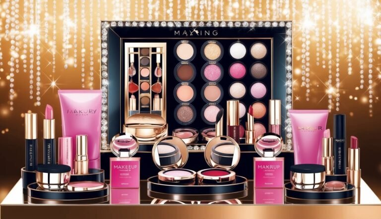 Cosmetics set with eyeshadow palettes, lipsticks, and makeup products on a gold background