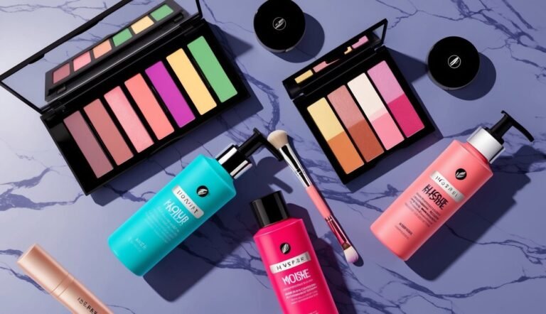 Makeup palettes, brushes, and skincare products arranged on a marble surface