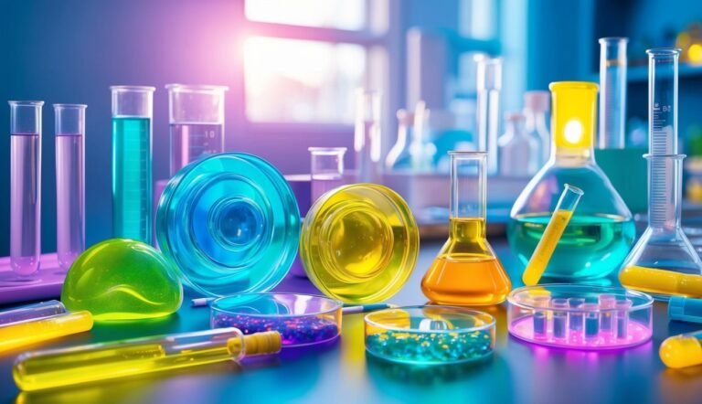 Laboratory glassware with colorful liquids, including beakers, test tubes, and petri dishes