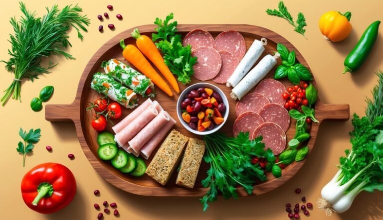 Wooden platter with salami, vegetables, and various appetizers