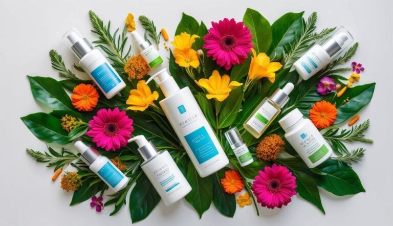 Skincare products arranged with flowers and leaves on a white background