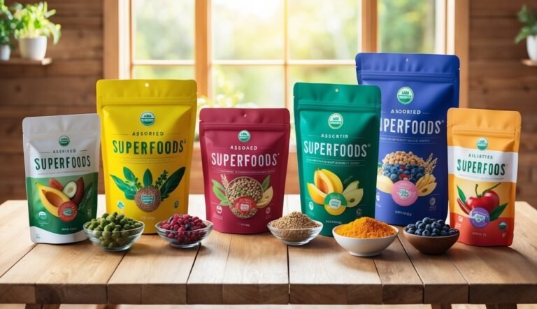 Assorted superfood pouches and bowls of ingredients on a wooden table