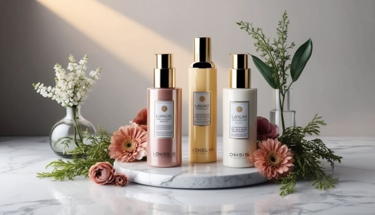 Three cosmetic bottles with gold caps, flowers, and greenery on marble