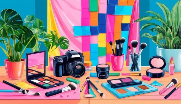 Makeup and camera on a colorful table with plants in the background