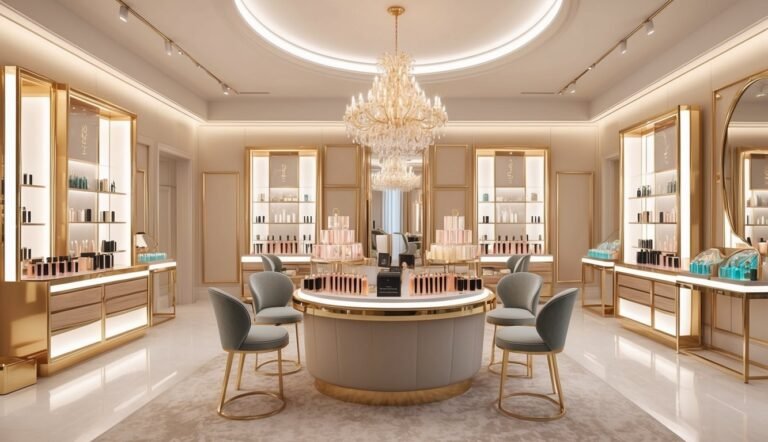 Luxury cosmetics store interior with display cases, chandelier, and round display table