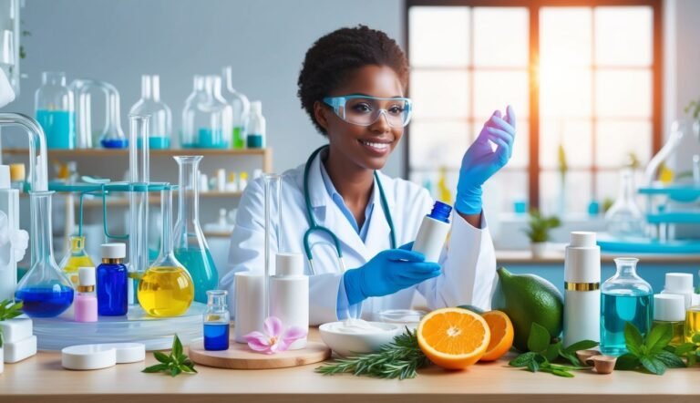 Smiling scientist in lab coat holding a bottle, surrounded by lab equipment and fruit