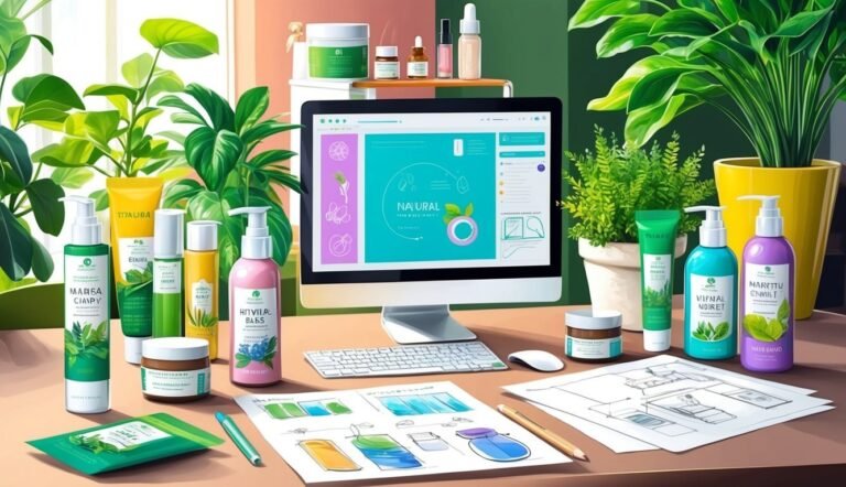Cosmetic product design setup with computer, plants, and packaging mockups