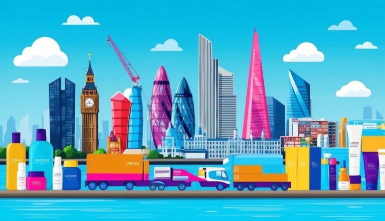 London skyline with colorful buildings, trucks, and beauty products