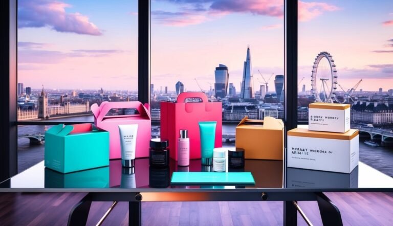 Cosmetics and packaging on a table with a London skyline view