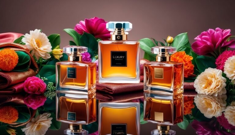Three perfume bottles with flowers and a reflective surface