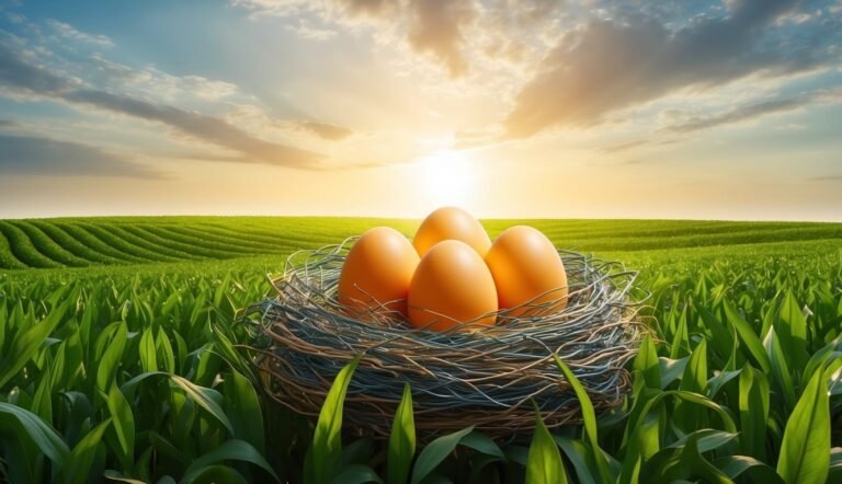 Four eggs in a nest in a field at sunrise