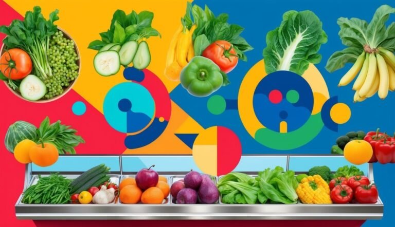Colorful display of various fruits and vegetables, with geometric background