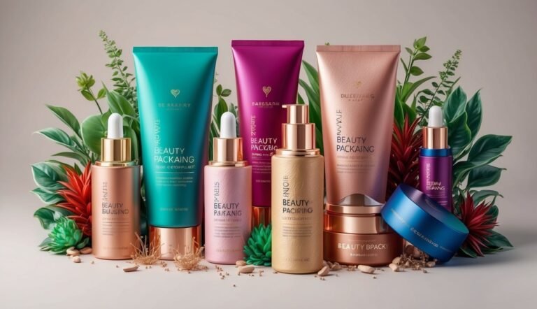 Cosmetic products with gold accents and green foliage on a neutral background