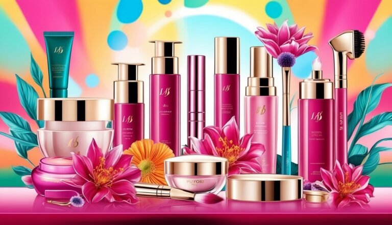Cosmetics and makeup products with flowers on a vibrant pink background