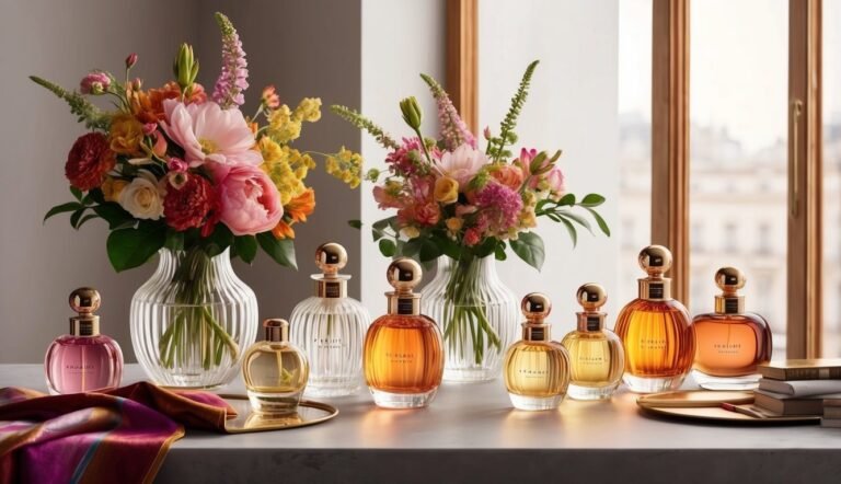 Perfume bottles and flower bouquets on a table near a window